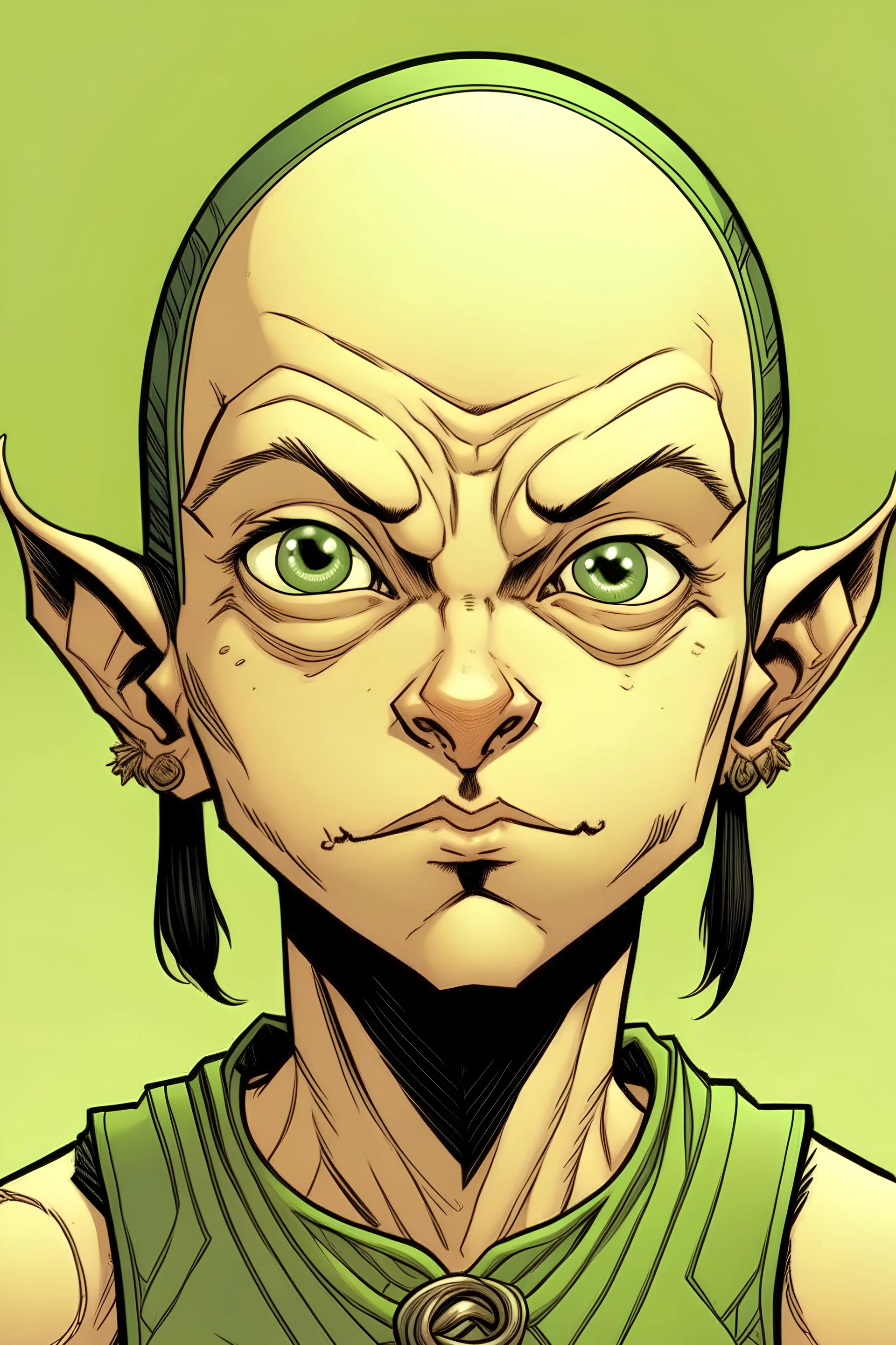 Portrait of female halfling with no hair, comics Frank Cho style