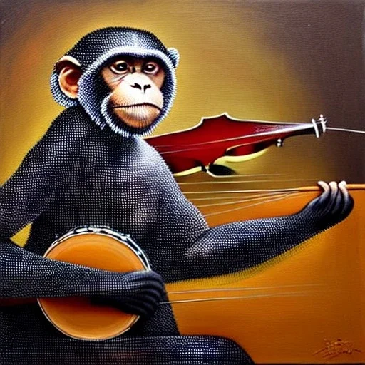 wire mesh painting of a monkey playing a banjo