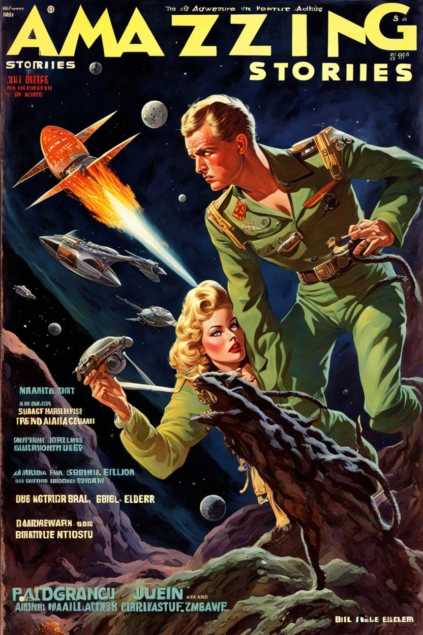 Cover of "AMAZING STORIES" Magazine, adventure, sci-fi, Eldritch, sharp colors, by Bill Elder, by Boris Valejo and Julie Bell, maximalist, dramatic, action, retro 50's magazine cover.