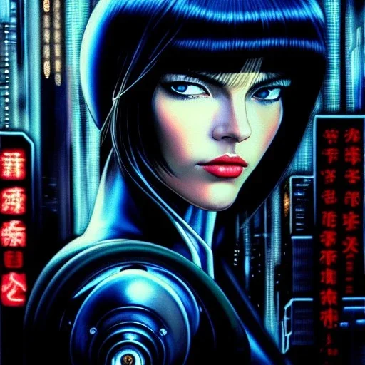 fullbody portrait in oil on canvas ,beautiful female robot, ominous, intense stare, sad eyes, post-apocalyptic in a cyberpunk city, ghost in the shell, Akira, BladeRunner movie poster, masterpiece, realistic, intricate detail, sci-fi fantasy style, volumetric lighting, particles, highly detailed ,cinamatic , deep colours,8k, by Caravaggio