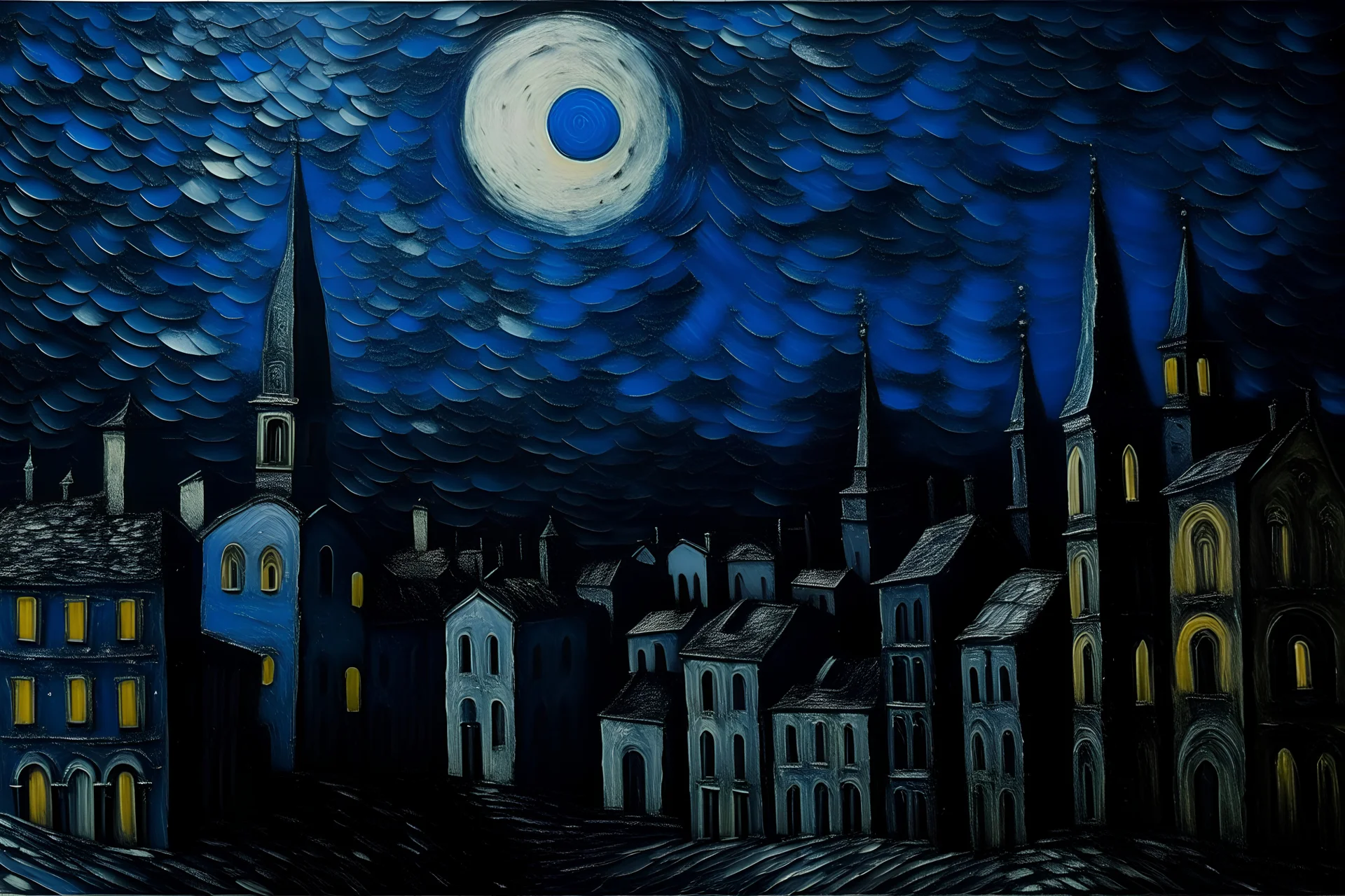 A blackish blue city with the crescent moon at midnight painted by Vincent van Gogh