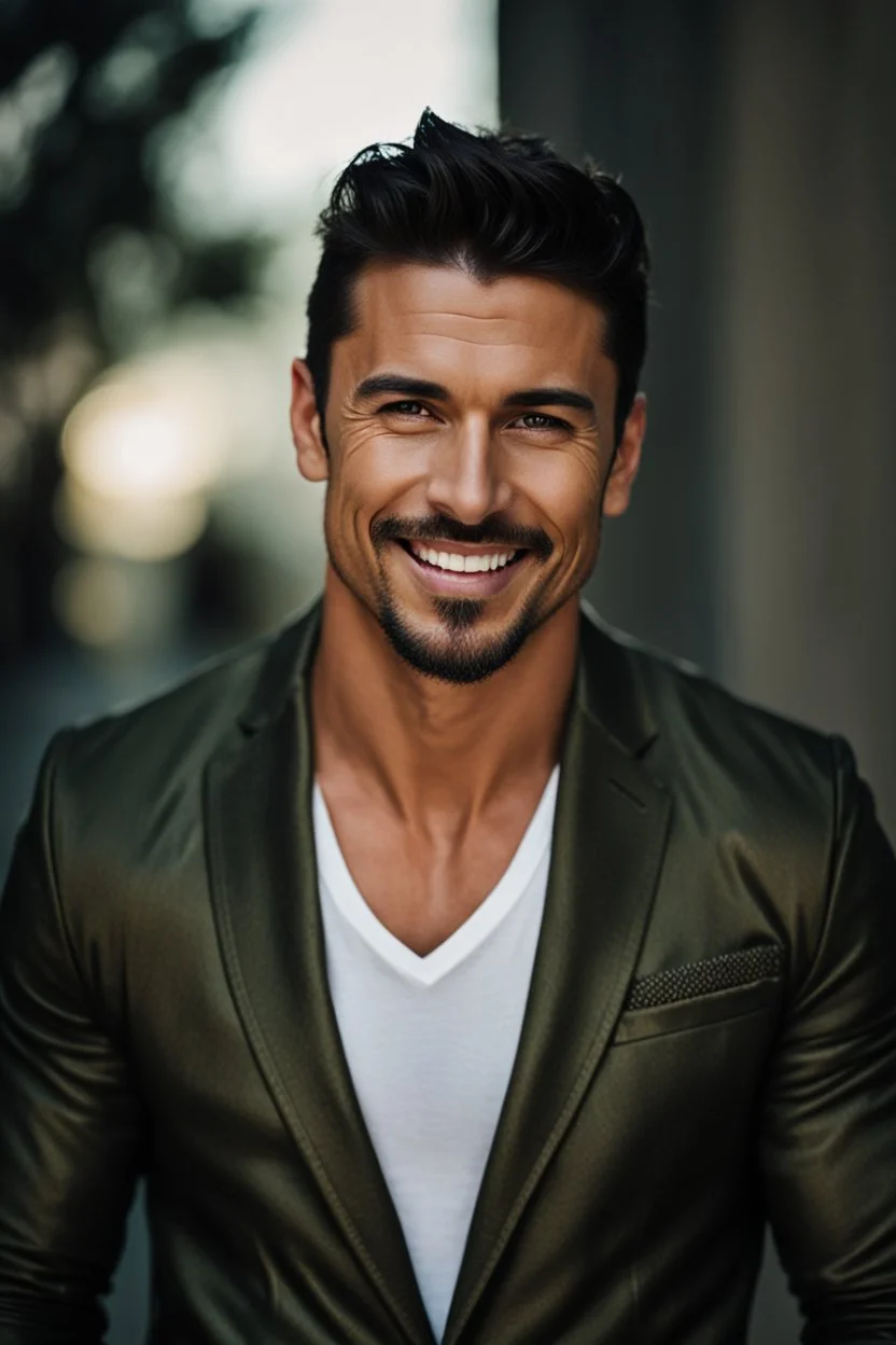 Portrait of an Olive skinned muscular very handsome male with dark hair and a goatee beard, smiling