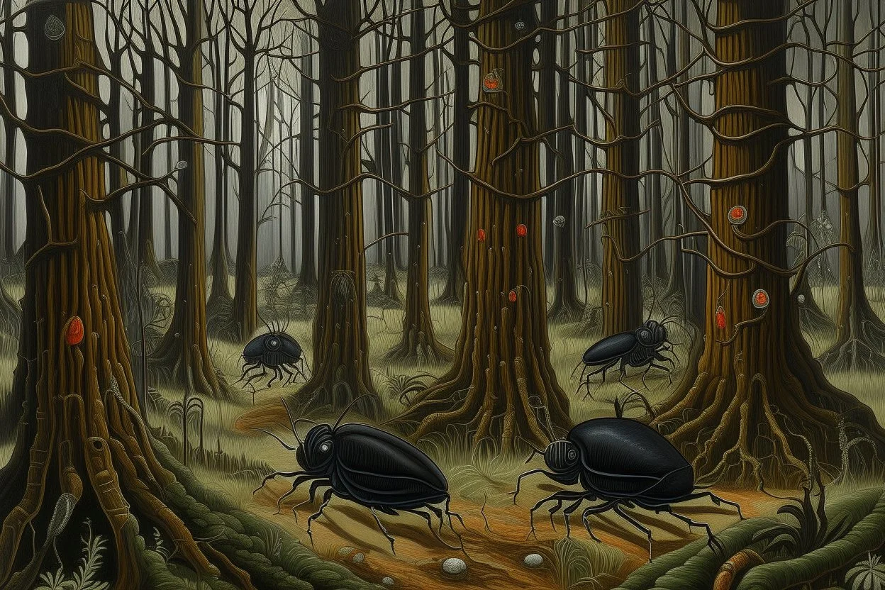 Black woods with beetles painted by Karl Wiener