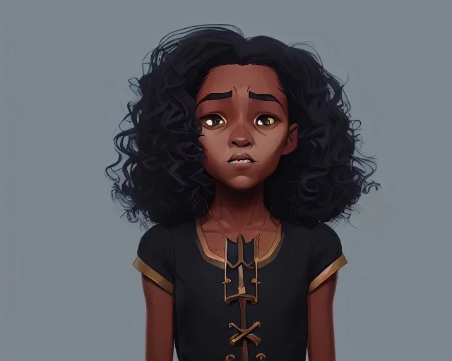 Portrait of an 11 year old cute black kid witch with long dark curly hair by Nick Harris