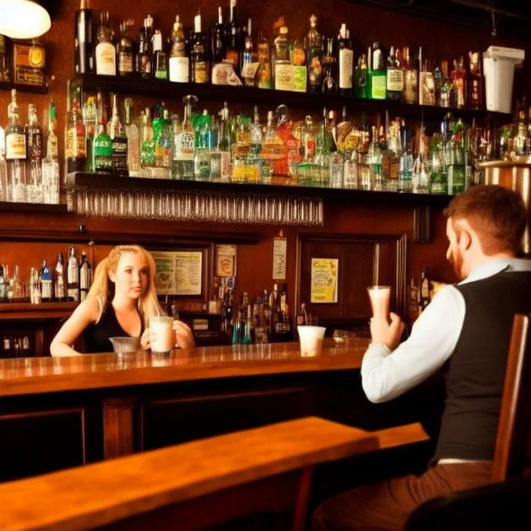 Foto realista de bar irlandés con camarera detrás de la barra y un hombre sentado. Estilo retro futurista. 8k