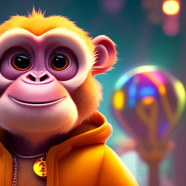 pixar style anamorphic cute monkey baby, smiling, gangsta gold neckless, full body, magenta puffer jacket, manila city backdrop, dramatic lighting, hyper-realistic, unreal engine 5, 16k. full detailed, bitcoin