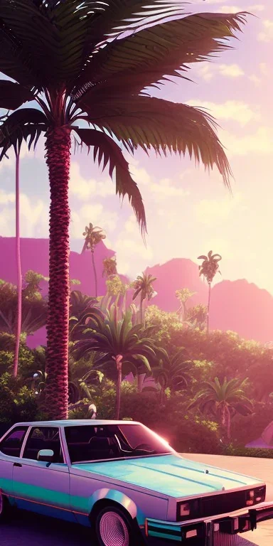 1980's aesthetic vaporwave palm trees with spheres and car