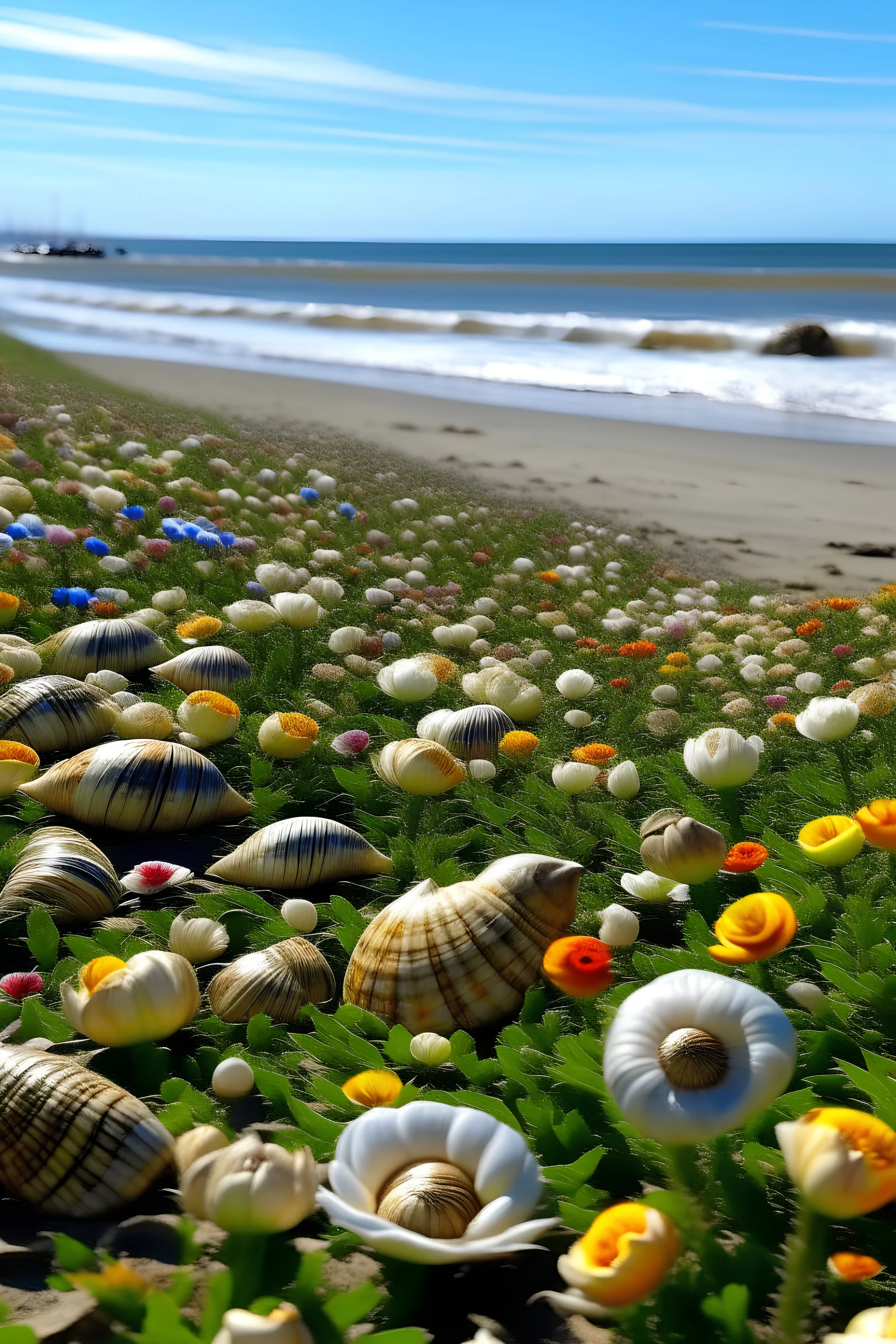 una playa grande llena de caracoles y flores con sol