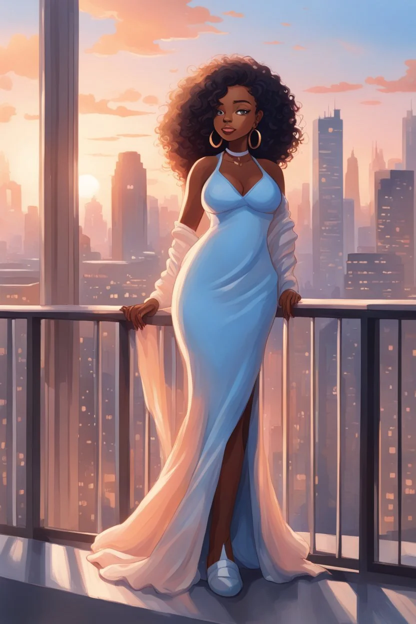 The scene opens onto a serene balcony overlooking a bustling city skyline. The sky above is painted in soft hues of blue and peach as the sun begins its descent, casting a warm glow over everything it touches. In the foreground stands a captivating figure, airbrush chibi cartoon curvy black woman exuding confidence and elegance. She is adorned in a flowing white knit maxi dress that hugs her curves in all the right places, accentuating her silhouette. Her choice of footwear is equally stunning