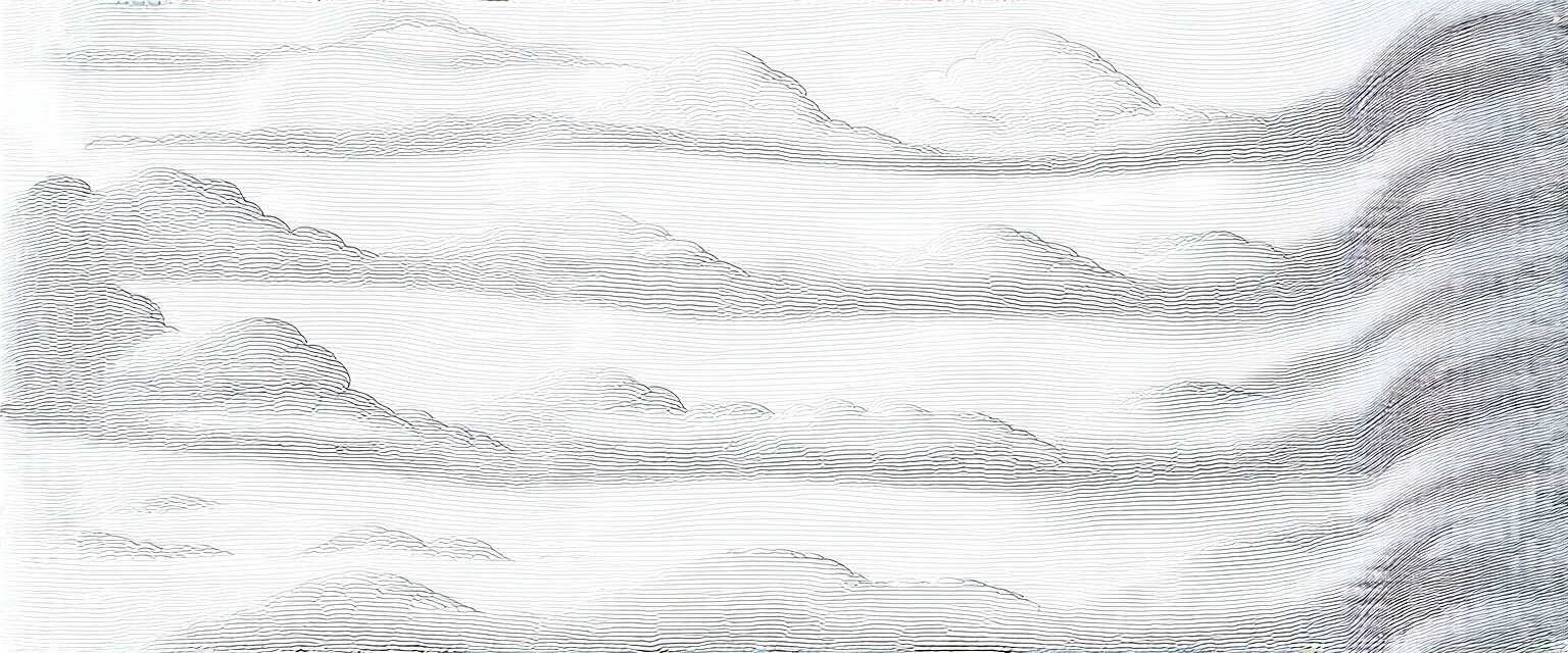 a series evenly spaced curved horizontal lines with paths inspired by clouds, cloud topography, whimsical cute, kawaii, black lines on white, vector lines