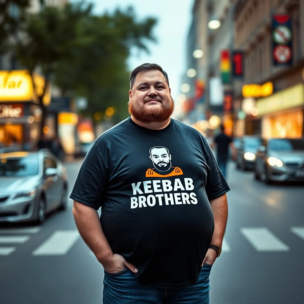 a little fat swedish man standing on a busy street wearing a t-shirt. a kebab brothers t shirt, with a kebab brothers logo