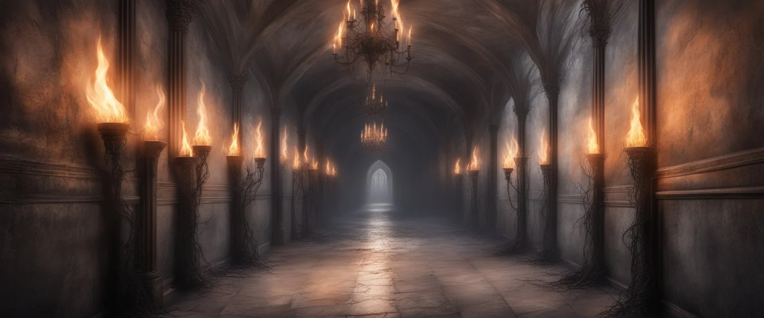 Hyper Realistic haunted hallway of a huge castle with flame torches on wall & spider cobwebs