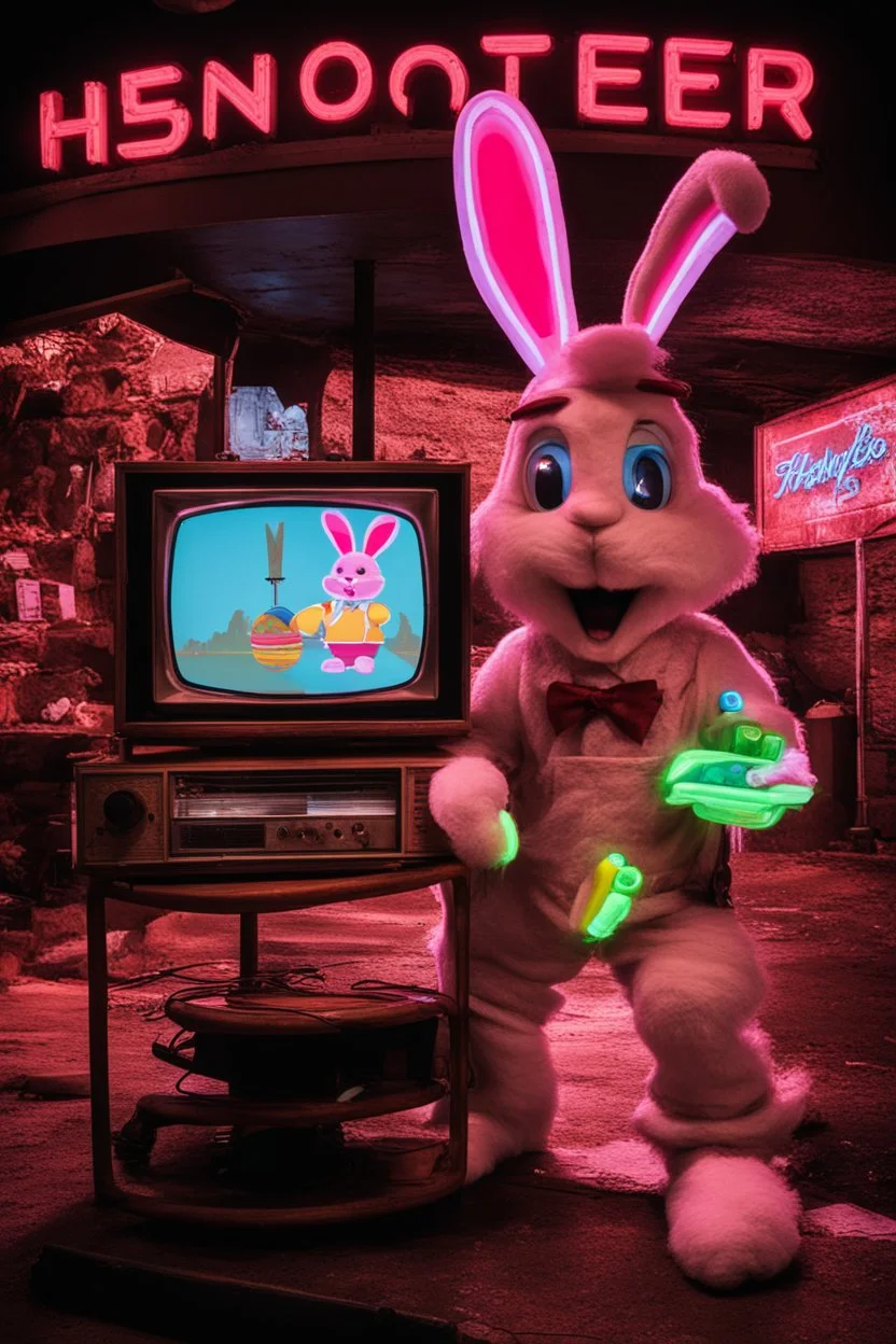 a neon sign of the easter bunny playing a video game in front of an old tv set