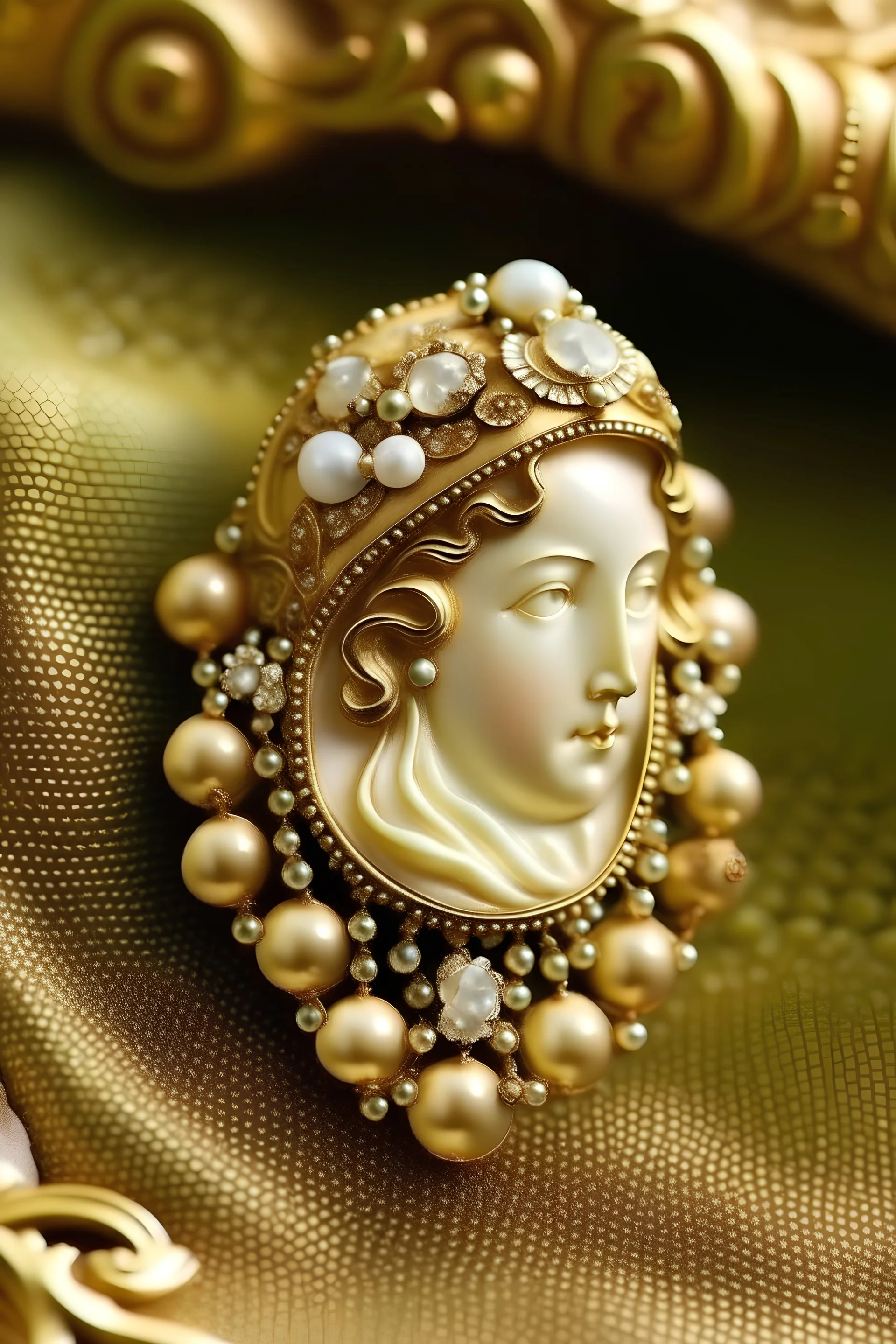 Create a vintage-style brooch featuring a hand-carved cameo in an ornate gold setting with small pearl accents.