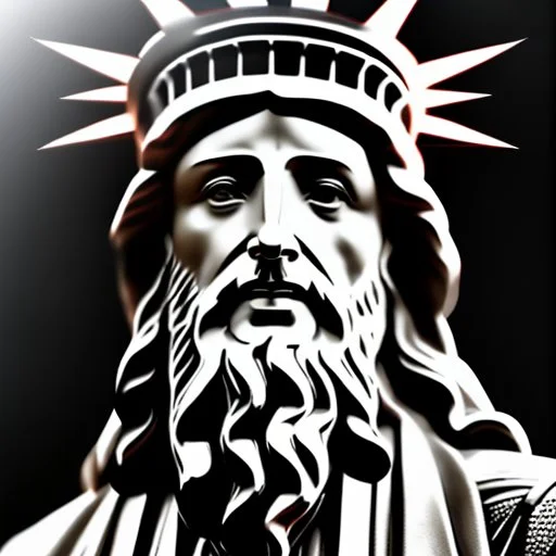 line toned, hedcut, wsj style, statue of cruicified Jesus of Liberty with a beard and wearing a cross and hanging from a cross, The statue male, hyperdetailed intricately detailed photoillustration ink drawing dystopian 8k resolution entire body of the statue is in the picture. digital illustration telephoto lens photography , same colors as the us treasury's one dollar bill, crucified"