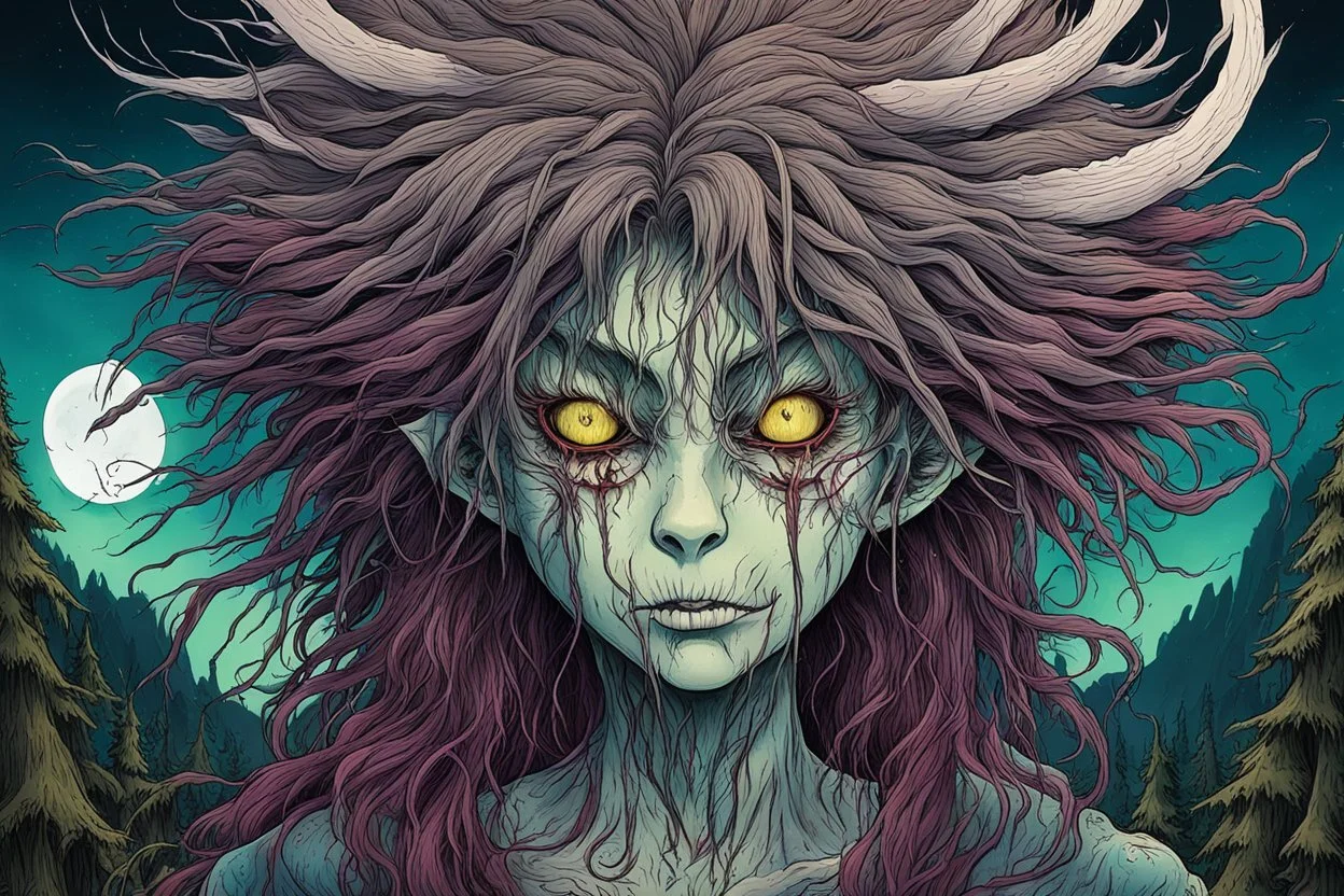 full color front facing portrait of a malevolent Yama Uba witch with highly detailed shaggy hair and slim, withered narrow facial features, in a haunted mountain forest, pierced by shafts of moonlight , art in the style of Alex Pardee, spirited away, studio ghibli, , 8k , finely detailed and precise line work, soft natural Spring colors