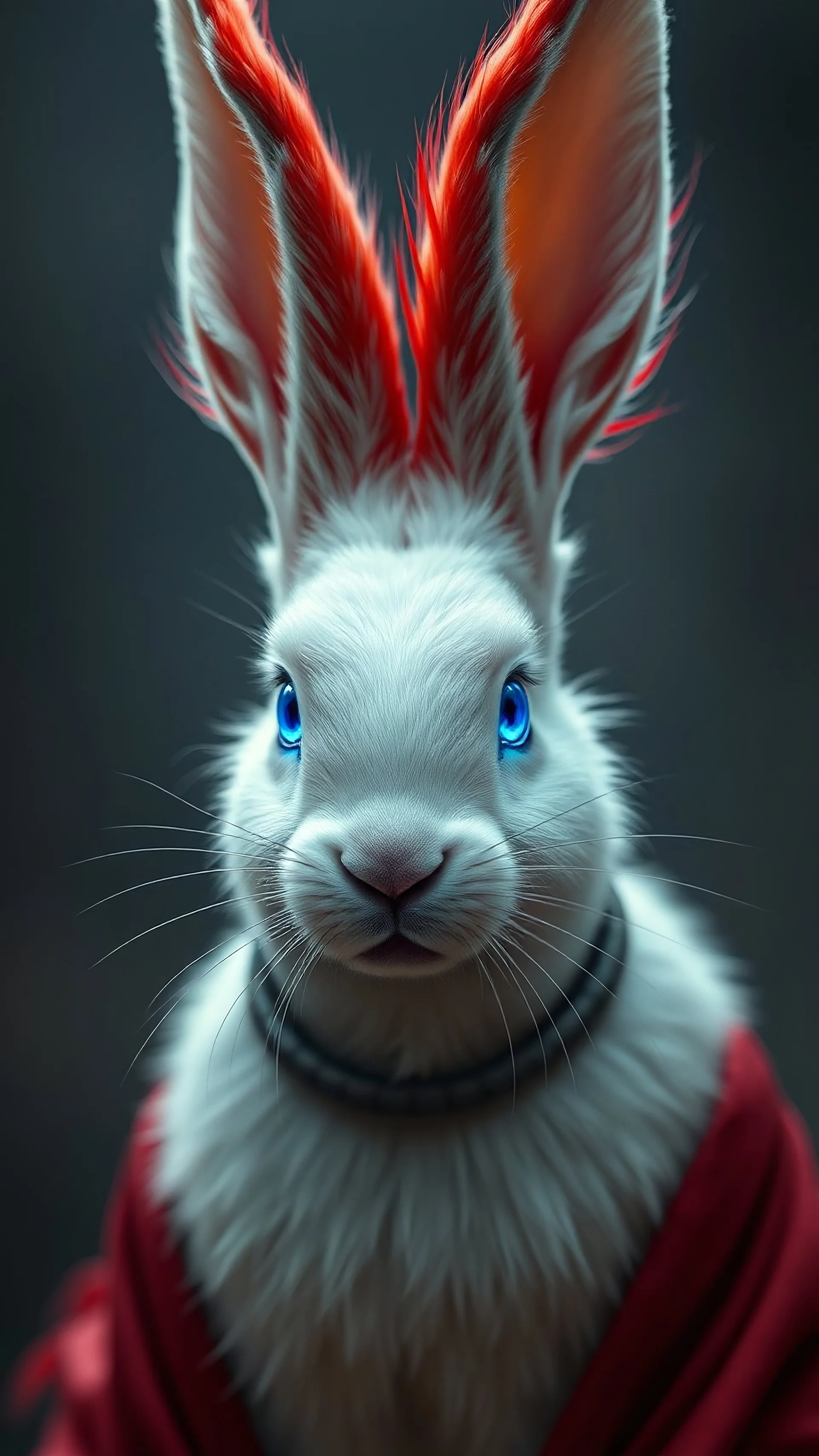 humanoid rabbit. white fur, long rabbit ears. cardinal red featherly shoulder length hair, bioluminescent electric blue eyes