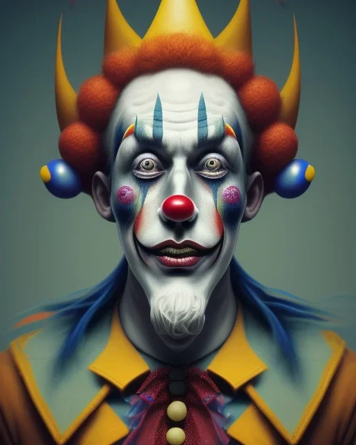 head and shoulders portrait of a clown with multiple eyes, face paint, jester hat, sad expression, Takato Yamamoto artist, Akiya Kageichi artist, Jedediah Berry inspired, 8k resolution concept art portrait, dynamic lighting, hyperdetailed, intricately detailed, maximalist, beautiful, peaceful