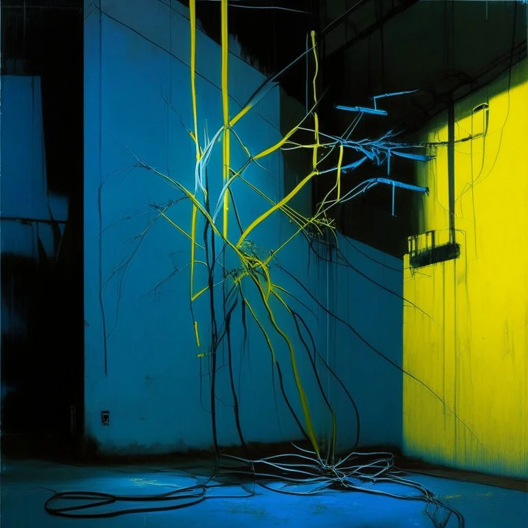 Minimal abstract oil painting of a blue neon plant in concrete warehouse brutalist architecture and hanging wires illuminated at night. With triadic yellow colours. In the style of Justin Mortimer and Phil Hale, Ashley Wood