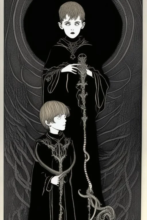 7 year old boy, necromancer, friendly, looks dead,with a lamprey serpent , wearing black robes, in the style of Harry Clarke