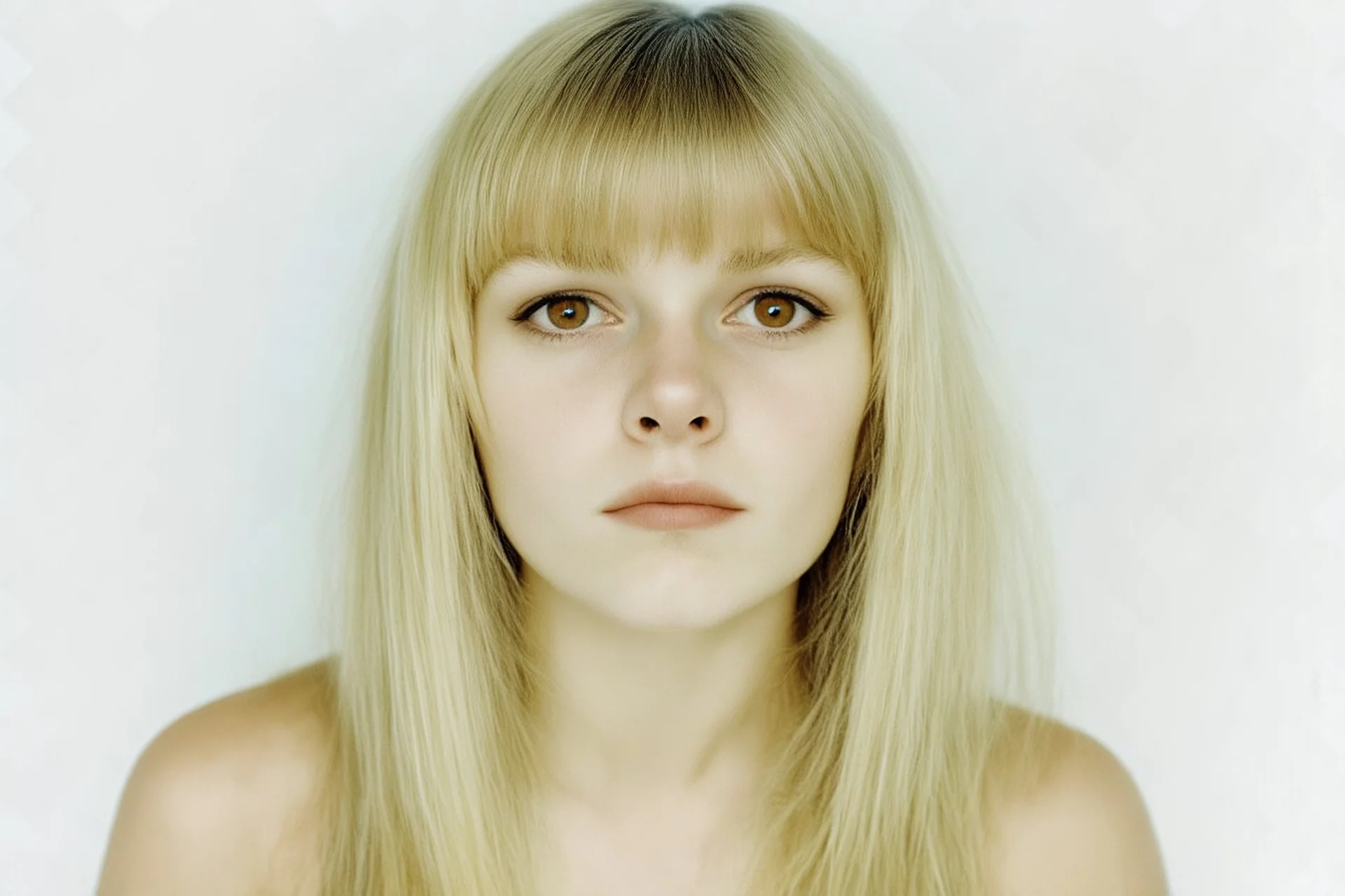 Polaroid, France Gall jeune,,cheveux long blonds, yeux marron, petit nez, visage poupin, , fond blanc, regard , epaules dénudées, grunge