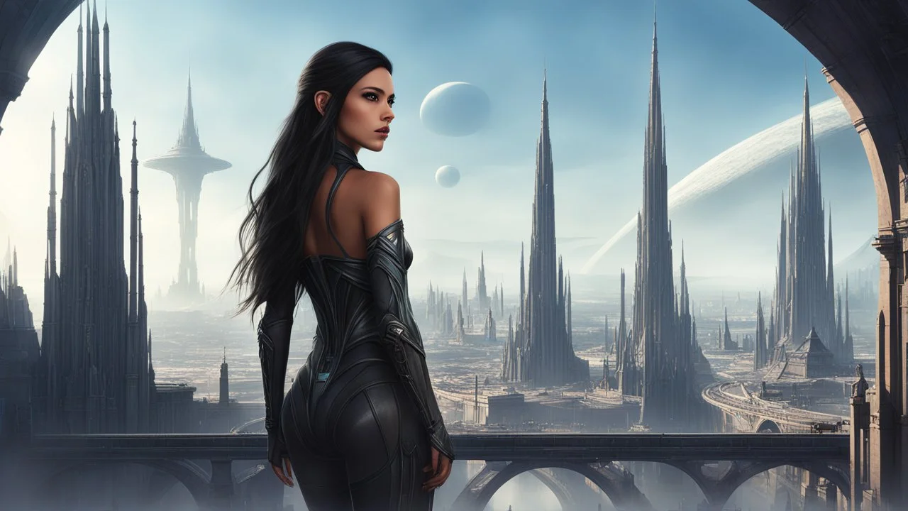 Exotic sci-fi skinny girl, with long dark hair, in an alien city, tall spires, buildings, bridges, and arches