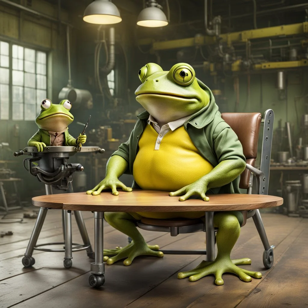 a big fat yellow-green anthropomorphic frog in human cloths sitting on a massive metal chair at the wooden table, talking with opposite sits on a less chair one pale brown little mutant anthropomorphic frog with a round head, big round eyes and little pig ears on his head and wearing work clothes and looking the frog, in background blur empty assembly workshop, hangar, pale light, high detalied, high realistic, professional photo, sci-fi mood, fantasy style, digital art