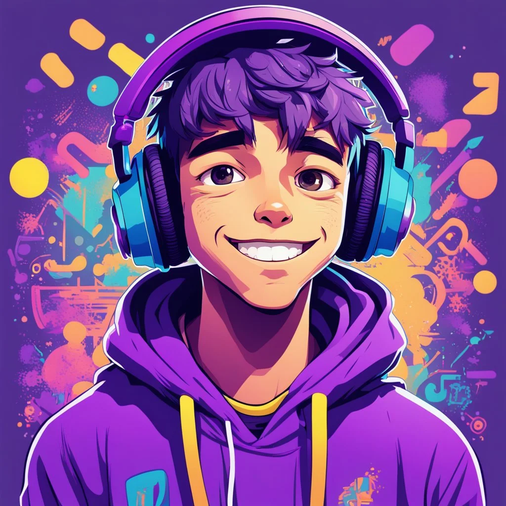 masterpiece, intricate details, a wide angle 2D anime bold line flat color illustration of a cheerful boy in a high purple hoodie and headphones in hip hop style, dopamine style, overlaying mixed patterns of pop art text and emoji device installations, sharp focus, charming character illustration, beautiful vibrant kuler palette gradient