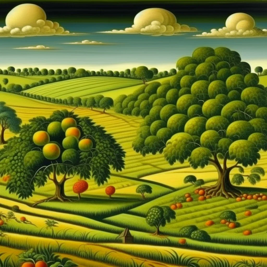 A green plain with fruit trees painted by Edward Hicks