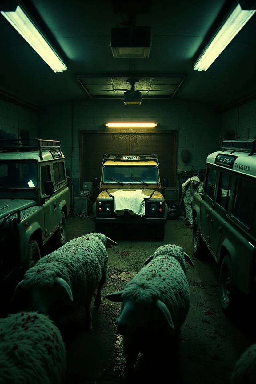 movie title reads (Auto Farm)"Create dark, low-resolution 'CCTV footage' using an old 80s Sony camera. Depict a shadowy, clandestine garage where forbidden and gruesome medical procedures are performed on restrained patients. Surround the scene with rugged, mud-splattered Land Rovers, while rabid sheep with human arms and foaming mouths roam menacingly around. eerie shadows, and a pervasive sense of impending doom. Add elements like bloodstains, shattered equipment