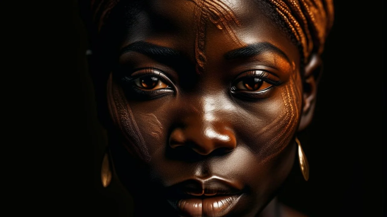 Extreme close-up portrait of a 34-year-old African woman with a traditional African ritual mask lifted onto her forehead, large copper earrings, warm side lighting on textured skin, intense eyes looking at the camera, minimal dark background, expressionist painting style inspired by Egon Schiele