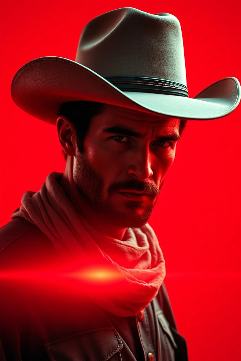 A cowboy portrait with a red light reflecting in their cybernetenhancements.red background all are red black birdin the background