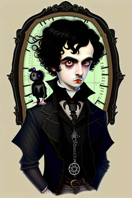 black haired black eyed young man necromancer steampunk goth hobbit that looks like a young Edgar Allan Poe with gothic jewelry and pet black rat in the style of Charles Addams