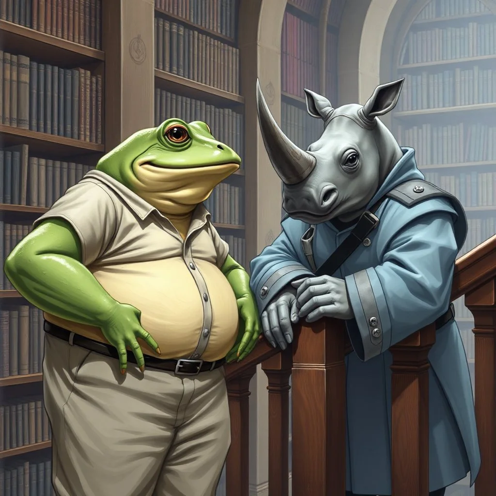 visible to waist a big and fat anthropomorphic frog hybrid in simple clothes talking with a strong gray (anthropomorphic rhinoceros without horns) in pale blue guard clothes, they talking and leaning on a wooden banister, in background a bibliothek with tall book shelves, detailed sci-fi, fantasy mood