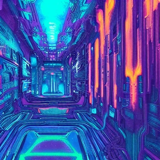 Giger Style Corrupted dystopia Neon Blue and Purple winter with orange reflections