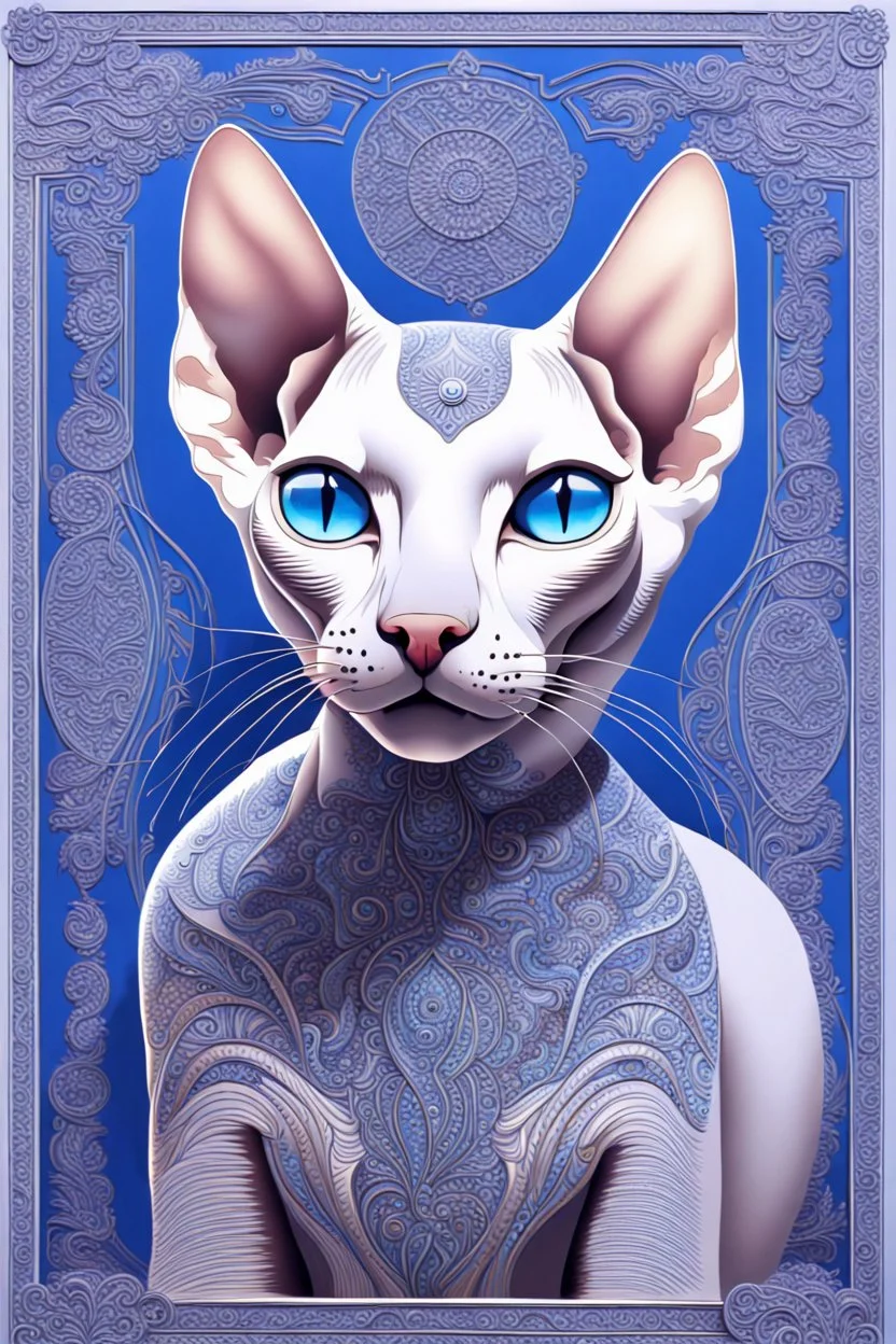 art by Boris Kostygov, intricate detailed Sphynx siamese cat with blue eyes