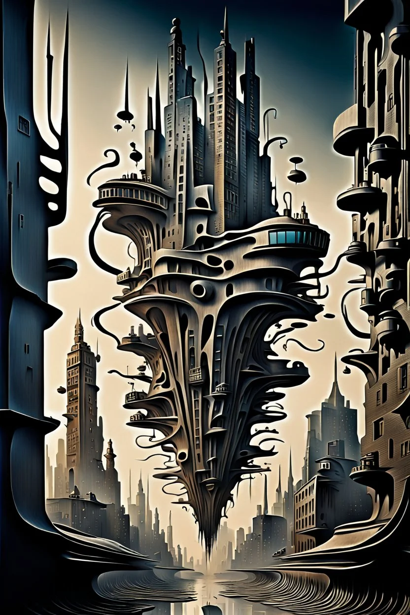 a stunningly weird image of a futuristic metropolis using Salvador Dali's paranoiac-critical method, where buildings and structures appear to melt into the skyline cityscape is filled with floating mad, twisted sharp metal shapes that interact with the buildings and each other, forming a surreal tableau of a dreamlike reality. neu-steampunk vibe, essence of the scene in a cinematic manner, with dramatic shadows that enhance the distorted perspectives and bizarre