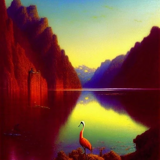 Drawing of 'Crane Bird 'snow, mountains,river,painting by gaston bussiere, greg rutkowski, yoji shinkawa, yoshitaka amano, tsutomu nihei, donato giancola, tim hildebrandt, evan lee,oil on canvas, cinematic composition, extreme detail,fit full head inside picture,16k