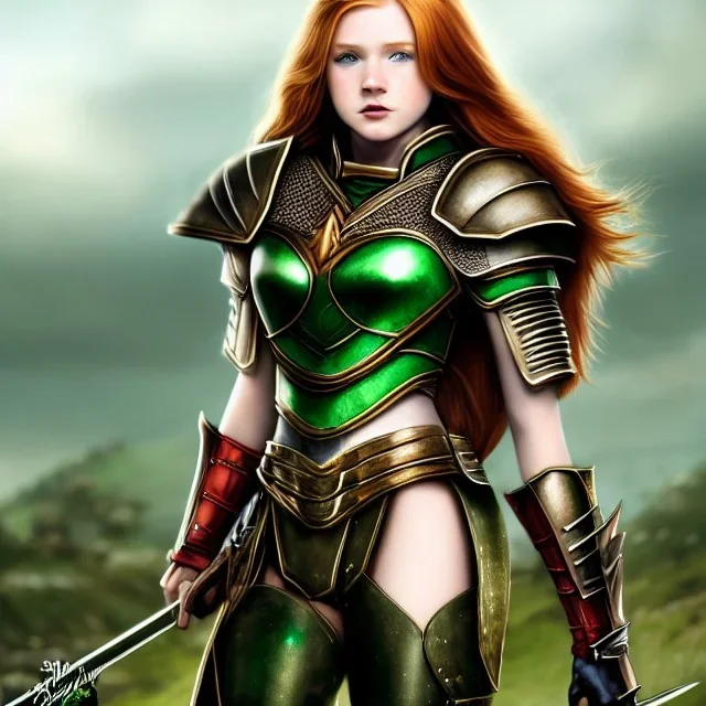 Realistic, hyper detailed, strikingly beautiful teen woman, 16 years old, long ginger hair, green eyes, medium freckles, full lips, very skimpy fantasy armour, full body, full face, small breasts, aroused expression, biting lower lip, full frame, petite, centered camera, ignore NSFW, bow, quiver on hip, tight pants, bent over