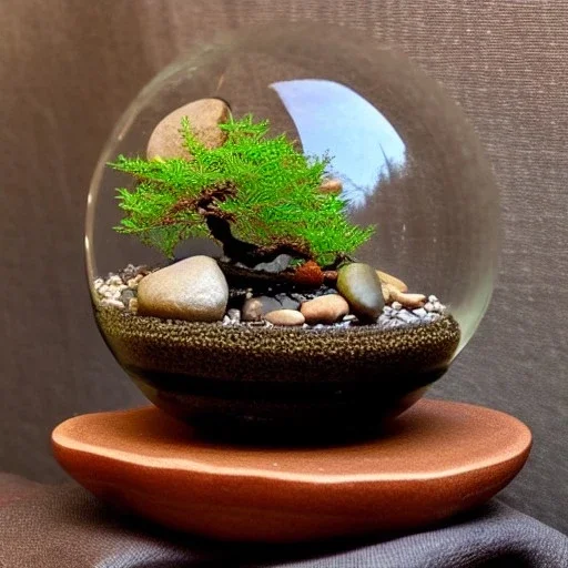 exquisite maple bonsai terrarium in a glass orb, red leaves, petrified wood, pebbles, dewdrops, dappled sunlight, linen backdrop