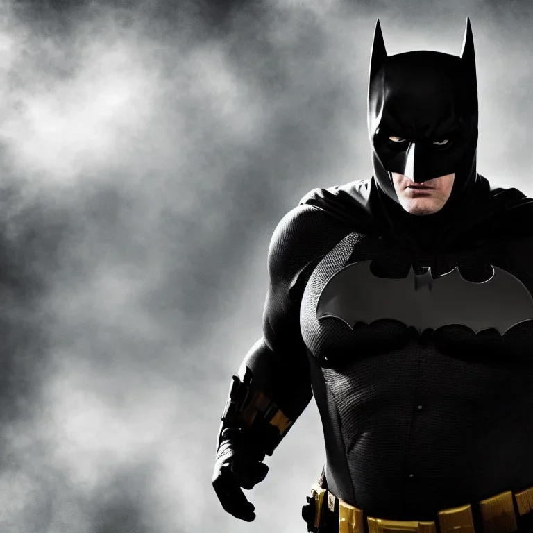 Fat Batman, dramatic light, close up, smoky background, high detail, cinematic, vignette