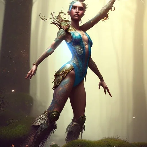 a tattooed beautiful female warrior wearing a magical leotard in a magical forest, fantasy art, in the style of greg rutkowski, illustration, epic, fantasy, intricate, hyper detailed, artstation, concept art, smooth, sharp focus, vibrant