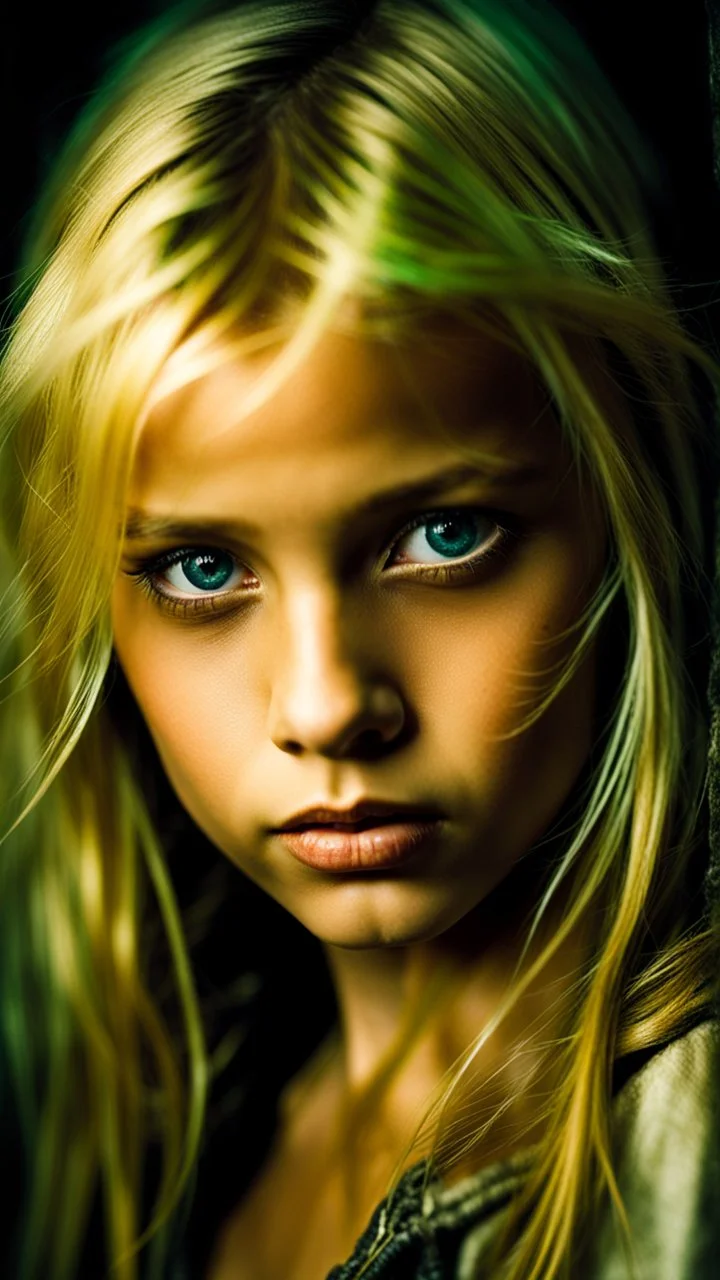 portrait of a poor young girl with blonde hair, Heterochromic eyes, Dark fantasy