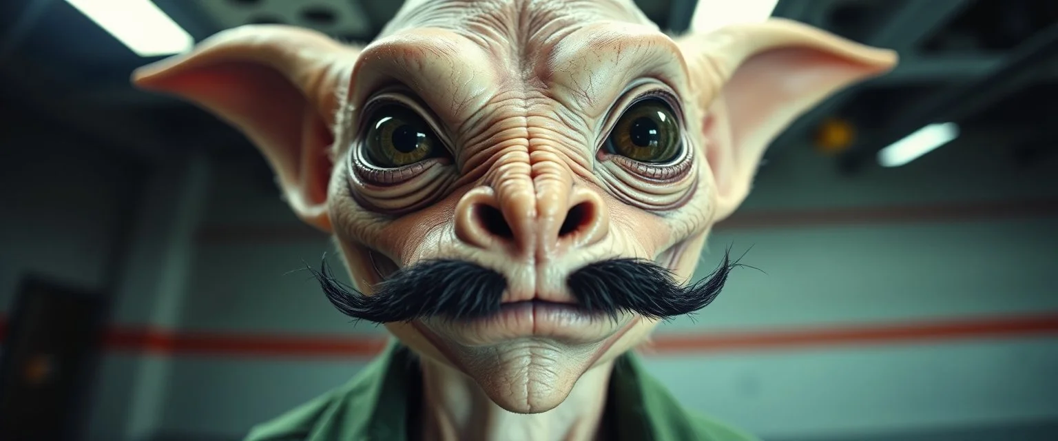airbrush and pen outline, mustache , extreme close up on cheeky fluffy weasel goblin alien military prison guard news anchor elf family scumbag in the style of Escher and Giger and Fallout 4, pinhole cam, airbrush 3d rendering, on tv screen:A five-second cinematic single take in a clean industrial presentation hall.