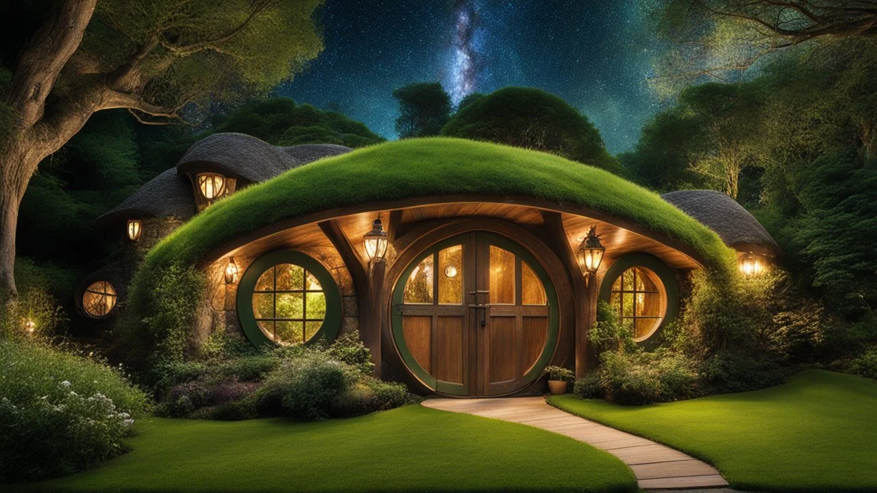 hobbit cottage in the woods surrounded by trees, night, circular hobbit-style door with central knocker, circular hobbit-style windows, green grass roof, lanterns, starlight, quaint, homely, inviting, LOTR, Tolkien