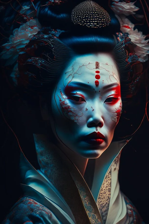 portrait of a geisha, fractal, intricate, elegant, highly detailed, digital photography, subsurface scattering, cinematic lighting, by jheronimus bosch and james jean and greg rutkowski