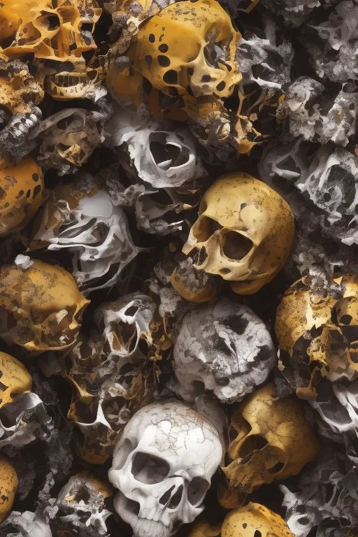 a picture of a dark, comedic, anatomically correct wall of colorful tightly packed skulls of varying sizes and expressions, photo realistic, insanely meticulous, highly detailed, part of a collection of bones on display, 64k, dystopian, vray