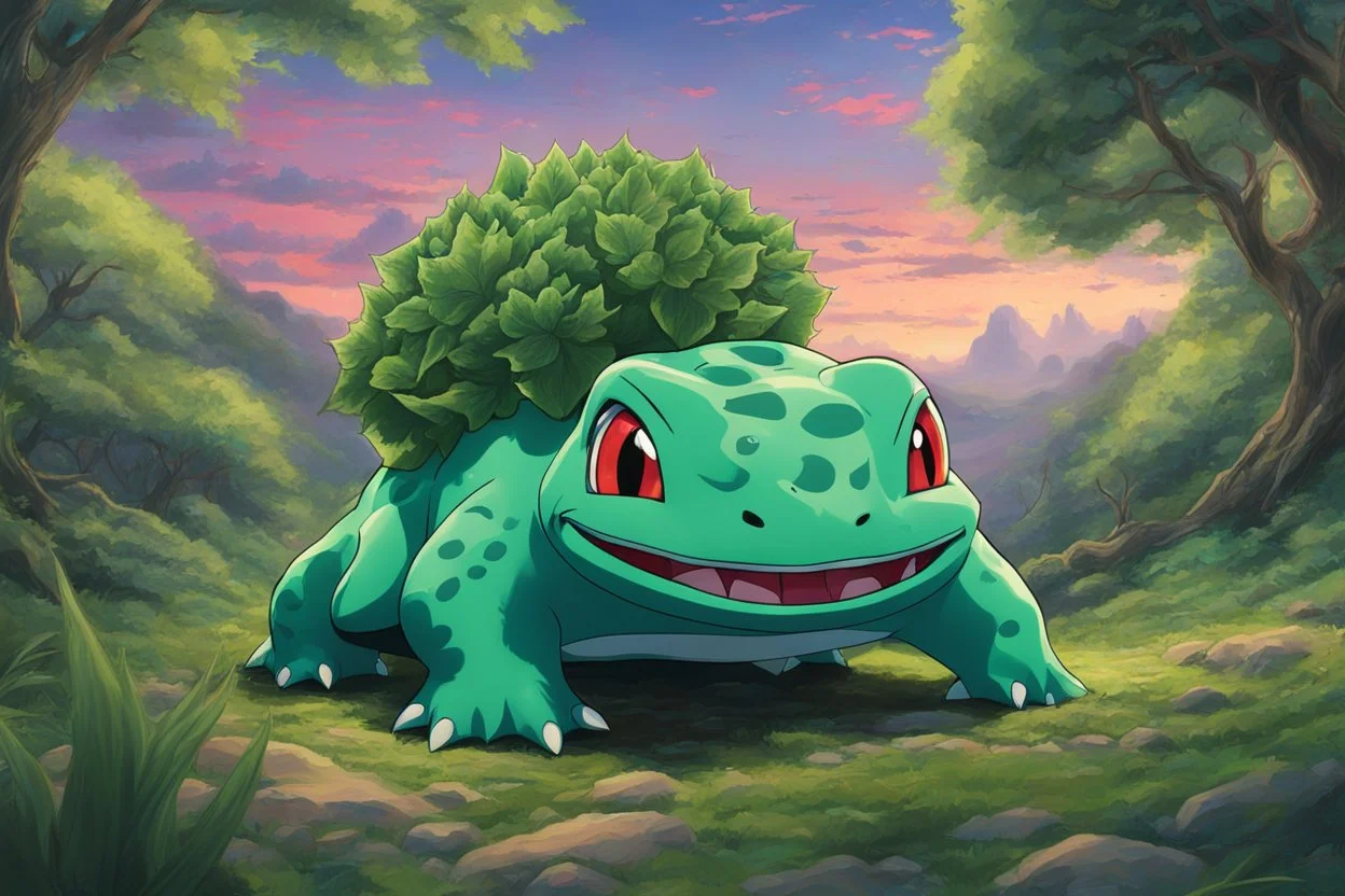 Huge Bulbasaur in 8k Hayao Miyazaki draw style, neon effect, close picture, highly detailed, high details, detailed portrait, masterpiece,ultra detailed, ultra quality