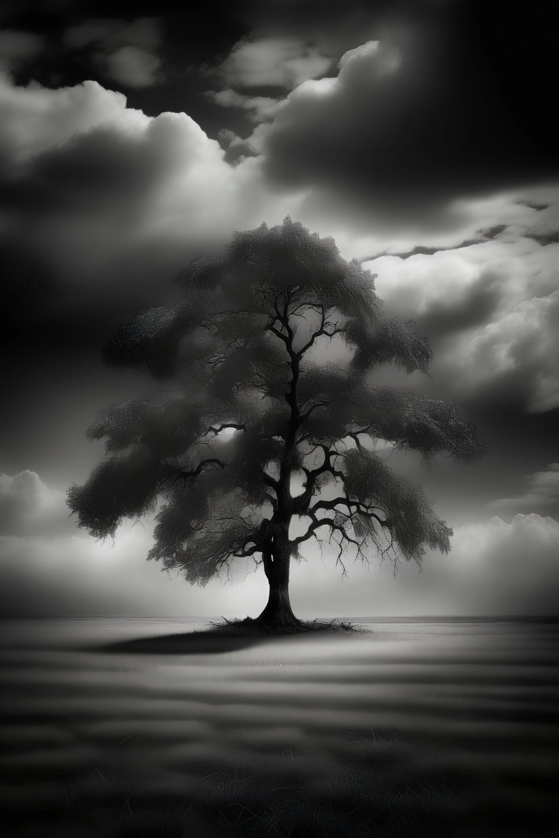 A single chestnut tree standing in isolation, framed by a distant view, captured through a conceptual lens, evoking an illusion of a fine art piece, against a dark cloudy sky, embracing elements of surrealism, in a mesmerizing black and white composition.