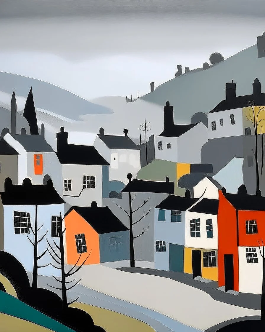 A gray village covered in mist painted by Stuart Davis